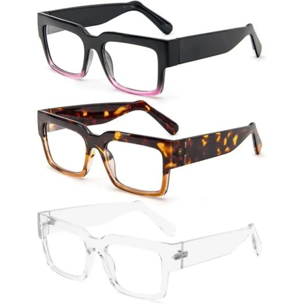 3-Pack Oversized Readers Trendy Thick Frames in Clear, Tortoise, and Black Ombre